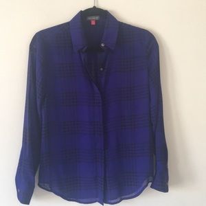 Vince Camuto XS Sheer Plaid Button Down Blouse